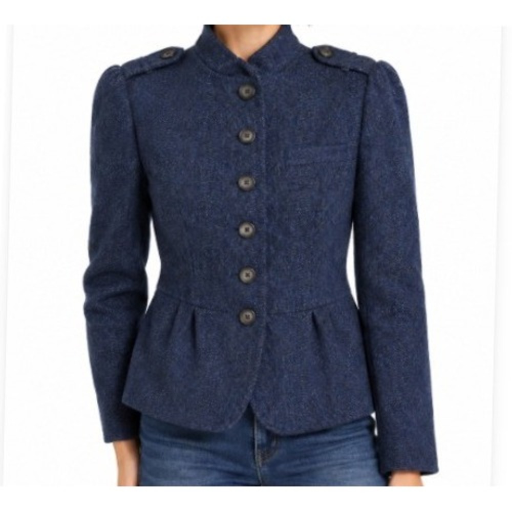 Boden Womens 14 Blue British Moon Wool Tweed Military Jacket